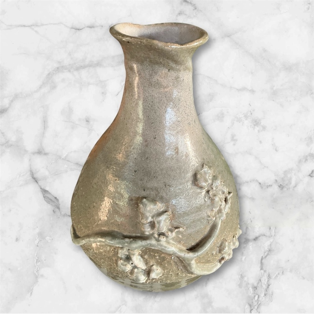 Handmade Clay Art Pottery Bud vase with Blossom clay Vine Applique Pattern